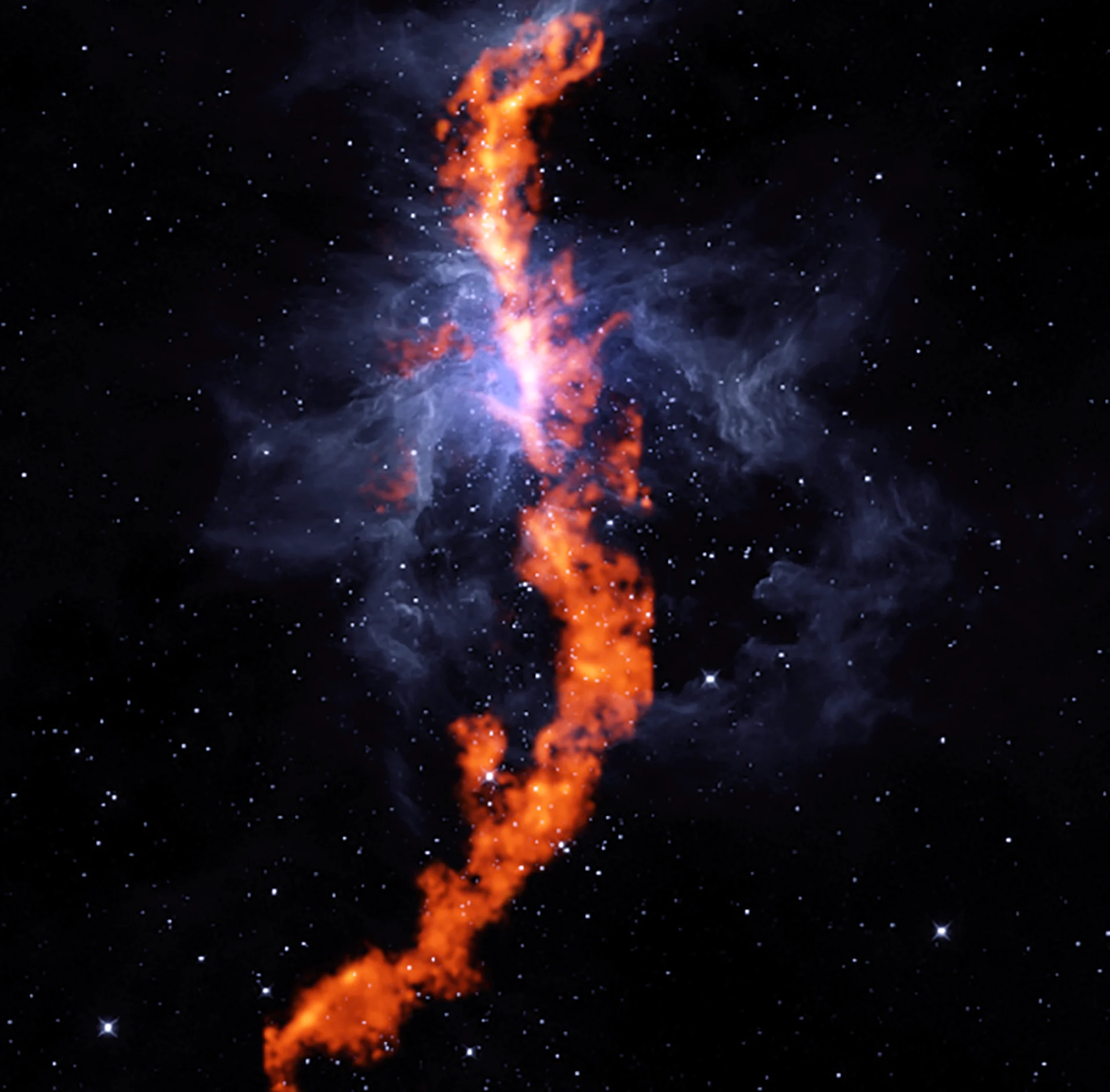 A 50-light-year filament of star-forming ammonia gas, imaged in orange by the Green Bank Telescope, winding through blue WISE infrared clouds in the Orion Molecular Cloud